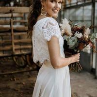 Vintage Two Pieces Country Ivory Lace Wedding Dresses With Short Sleeves - Thumbnail 1