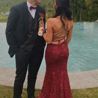 Elegant Mermaid Wine Red Lace Prom Dress With Lace-up Back  - Thumbnail 1