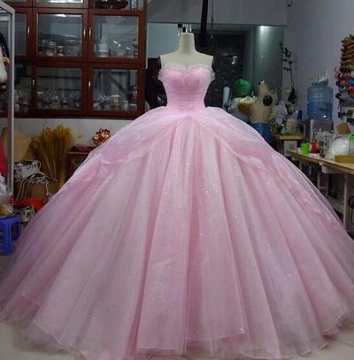 Vintage Ball Gown Pink Tulle Prom Dresses