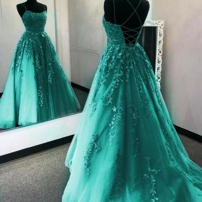 Elegant green tulle prom dress with lace appliques - Thumbnail 4