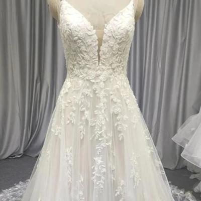 Spaghetti straps mermaid ivory long lace wedding dresses - Thumbnail 2