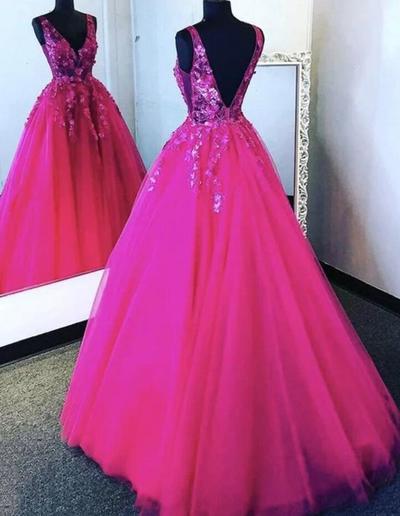 Hot Pink Tulle Lace Backless Floral Formal Prom Dresses