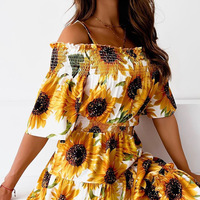 Women Yellow Printed Off Shoulder Dress - Thumbnail 2