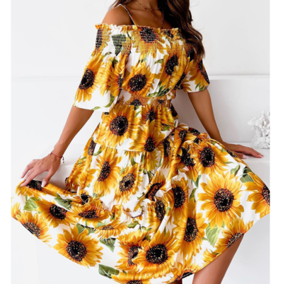 Women Yellow Printed Off Shoulder Dress