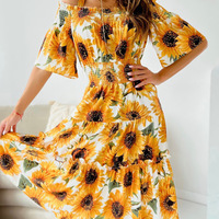 Women Yellow Printed Off Shoulder Dress - Thumbnail 1