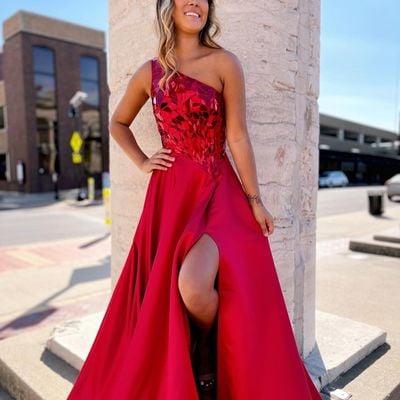 Charming a line one shoulder red sequins long prom dresses with slit