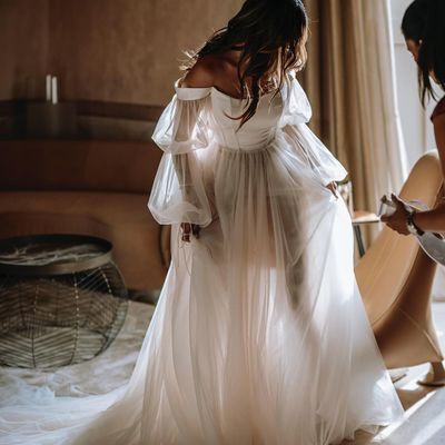 Fairy a line off the shoulder tulle wedding dresses with long sleeves