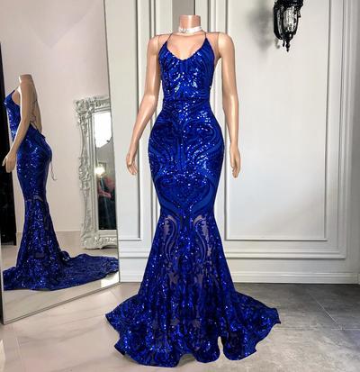 Spaghetti straps a line royal blue sequin prom dress, sparky evening dress