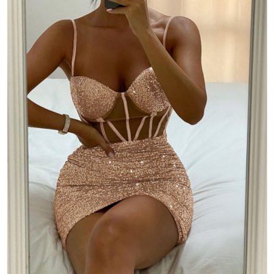 V-neck sequins sling sleeveless dress