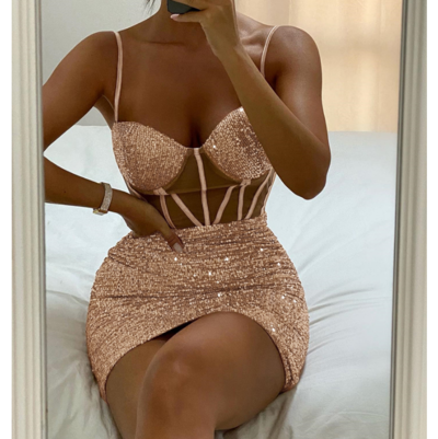 V-Neck Sequins Sling Sleeveless Dress