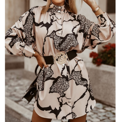 Retro Contrast Print Casual Long Sleeve Dress