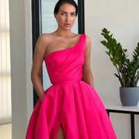 Cute Ball Gown One Shoulder Hot Pink Satin Long Prom Dress with Slit - Thumbnail 1