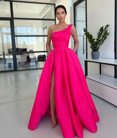 Cute Ball Gown One Shoulder Hot Pink Satin Long Prom Dress with Slit