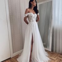 Charming A Line Off the Shoulder Tulle Wedding Dresses with Appliques - Thumbnail 1