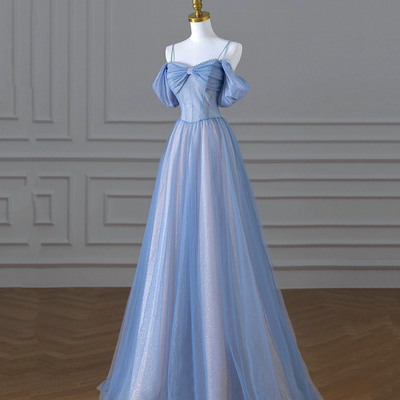 Blue tulle long prom dress, a-line evening dress - Thumbnail 1