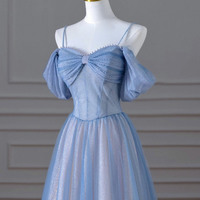 Blue Tulle Long Prom Dress, A-Line Evening Dress - Thumbnail 1