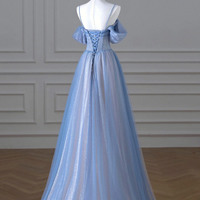 Blue Tulle Long Prom Dress, A-Line Evening Dress - Thumbnail 3