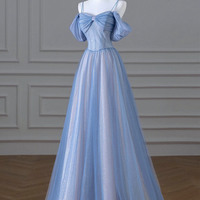 Blue Tulle Long Prom Dress, A-Line Evening Dress - Thumbnail 4