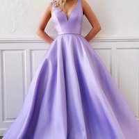 SP2207,Simple v neck purple satin long prom dress purple long formal dress - Thumbnail 1