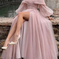 SP1199,Princess off the shoulder pink long prom dresses,bubble sleeves evening party gown - Thumbnail 1