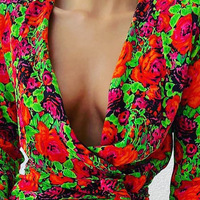 Floral Long Sleeve Deep V-Neck Dress - Thumbnail 1