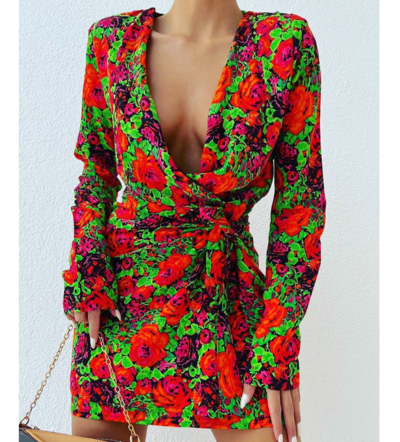 Floral Long Sleeve Deep V-Neck Dress