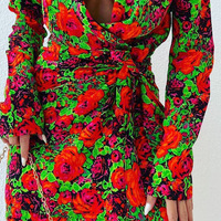 Floral Long Sleeve Deep V-Neck Dress - Thumbnail 2