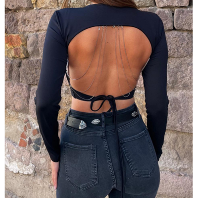 Chain embellished backless long sleeve top