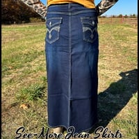 ASHLEY LONG DISTRESSED DARK DENIM SKIRT - Thumbnail 1
