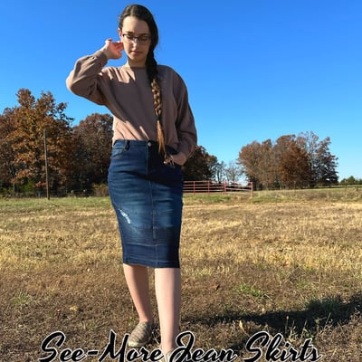 MADISON DISTRESSED MID LENGTH DARK WASH DENIM SKIRT