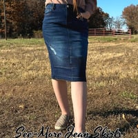 MADISON DISTRESSED MID LENGTH DARK WASH DENIM SKIRT - Thumbnail 1