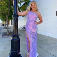 Sparkly Mermaid One Shoulder Lavender Sequins Long Prom Dress with Slit - Thumbnail 1