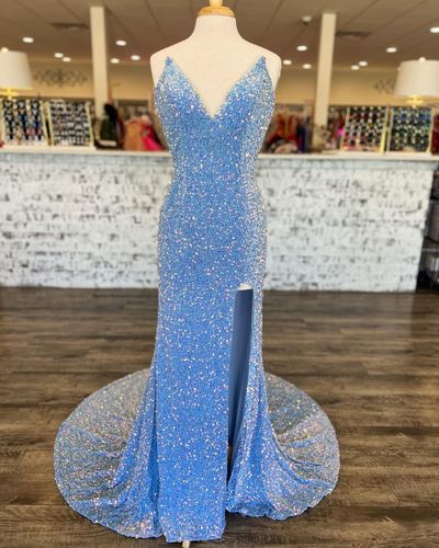 Charming Mermaid V Neck Velvet Sequins Long Prom Dress with Slit