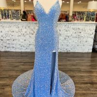 Charming Mermaid V Neck Velvet Sequins Long Prom Dress with Slit - Thumbnail 1