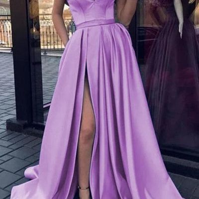 Sp1049,purple prom dresses,off the shoulder prom dress,satin evening dresses,side slit formal gown