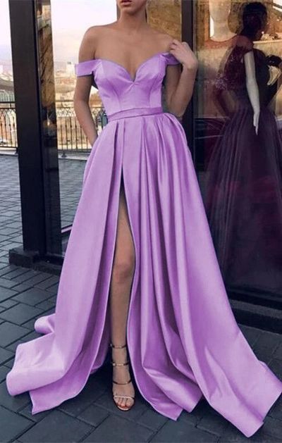 SP1049,Purple Prom Dresses,Off The Shoulder Prom Dress,Satin Evening Dresses,Side Slit Formal Gown