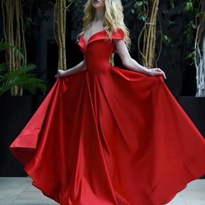 Sp1194,off the shoulder red a-line satin long prom evening dresses