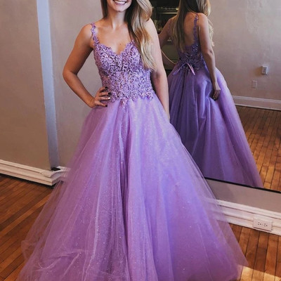 Sp1184,shiny v neck open back lavender lace long prom dresses, open back lavender lace formal dresses,lace lavender evening dresses - Thumbnail 5