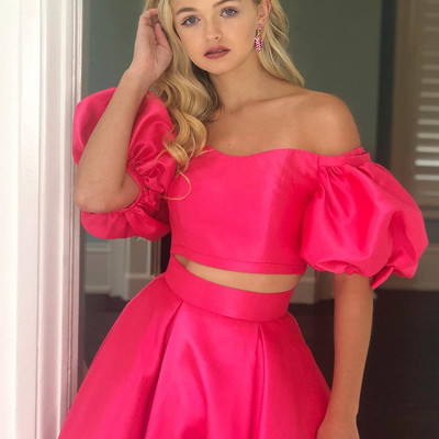 Sp1176,off the shoulder 2 pieces hot pink long prom dresses, off shoulder hot pink formal dresses,hot pink evening dresses 