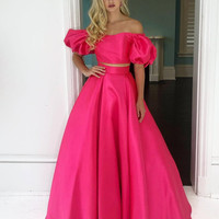 SP1176,Off the Shoulder 2 Pieces Hot Pink Long Prom Dresses, Off Shoulder Hot Pink Formal Dresses,Hot Pink Evening Dresses  - Thumbnail 1