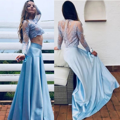 Two Piece Sky Blue Prom Dresses with Sleeves Lace