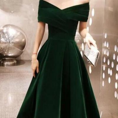 Off shoulder vintage green velvet tea length prom dress - Thumbnail 2