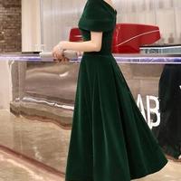 Off Shoulder Vintage Green Velvet Tea Length Prom Dress - Thumbnail 1
