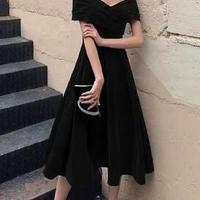 Off Shoulder Vintage Green Velvet Tea Length Prom Dress - Thumbnail 4