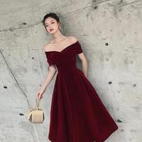 Off Shoulder Vintage Green Velvet Tea Length Prom Dress - Thumbnail 3