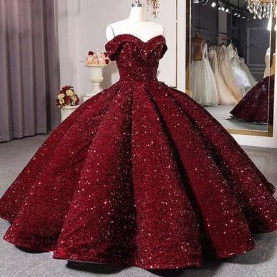 Off the shoulder sequins burgundy quinceanera dress sweet 16 dress - Thumbnail 2
