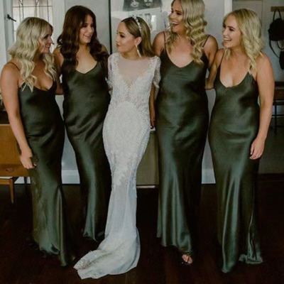 Spaghetti straps olive green bridesmaid dresses sheath - Thumbnail 2