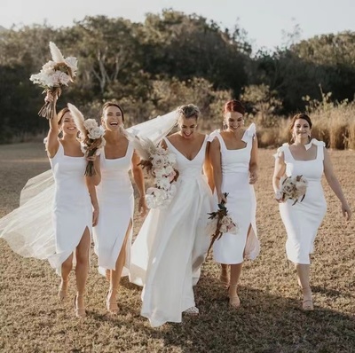 Tea Length White Bridesmaid Dresses Slit Side