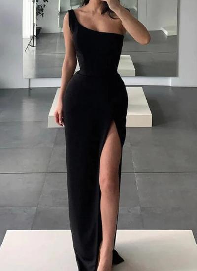 Elegant One Shoulder Black Long Prom Dresses