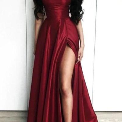 Charming a line burgundy side slit long prom dress - Thumbnail 1